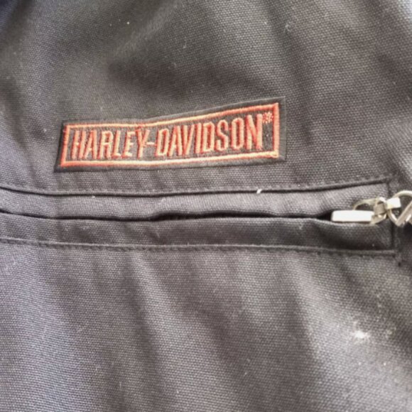 Harley-Davidson Black Canvas Jacket Flames Emblem Large Zipper Pockets Authentic - Picture 11 of 14